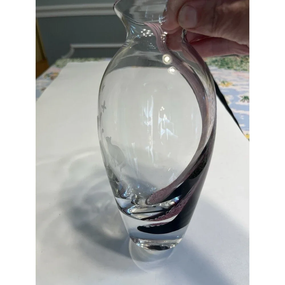 RARE!! Lenox Art Glass Etched Frosted Kitten Cats Pink Swirl 8” Vase Scotland